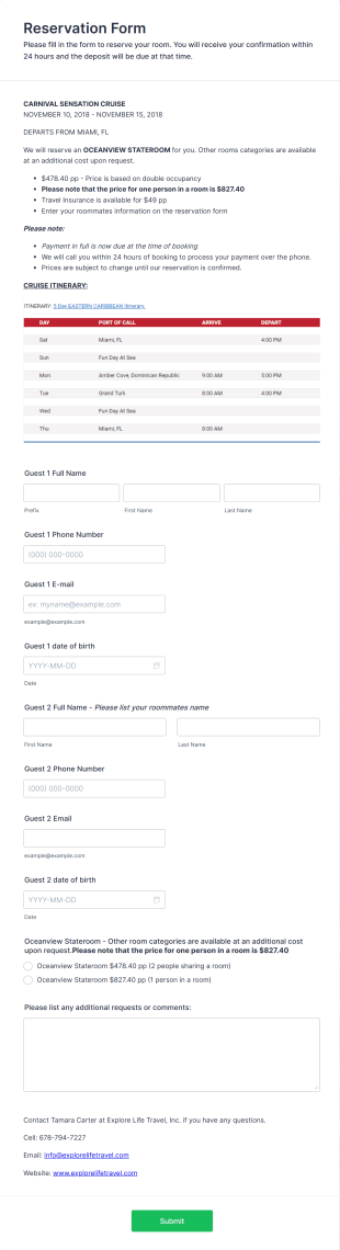 Cruise Booking Form Template