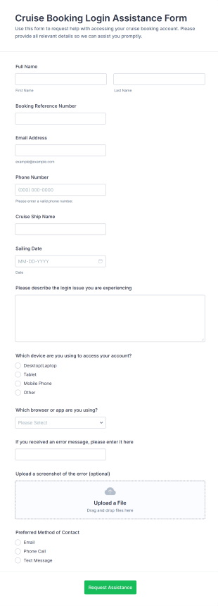 Cruise Booking Login Assistance Form Template