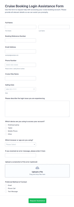 Cruise Booking Login Assistance Form Template