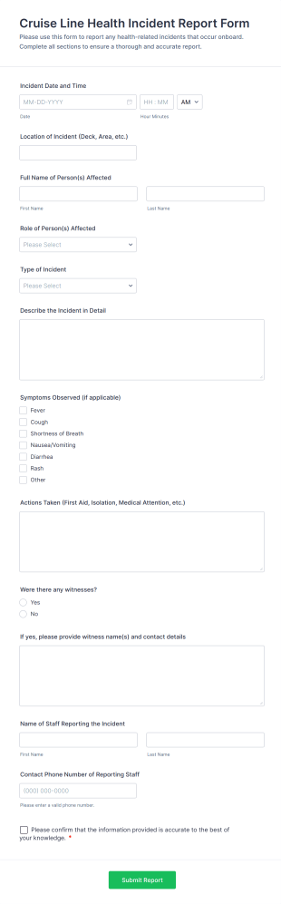 Cruise Line Health Incident Report Form Template