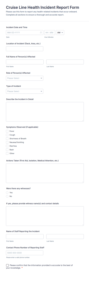 Cruise Line Health Incident Report Form Template