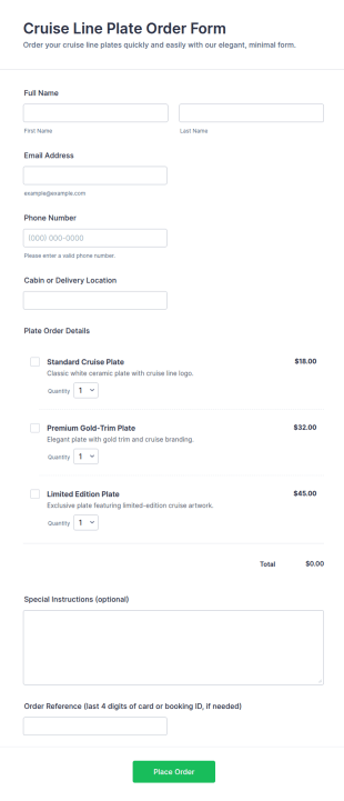 Cruise Line Plate Order Form Template
