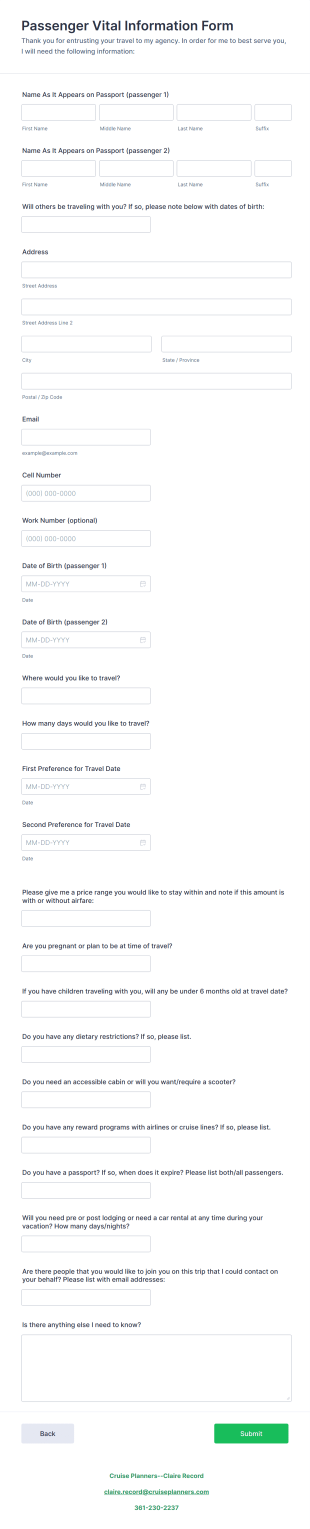 Cruise Passenger Vital Information Form Template