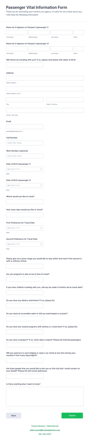 Cruise Passenger Vital Information Form Template