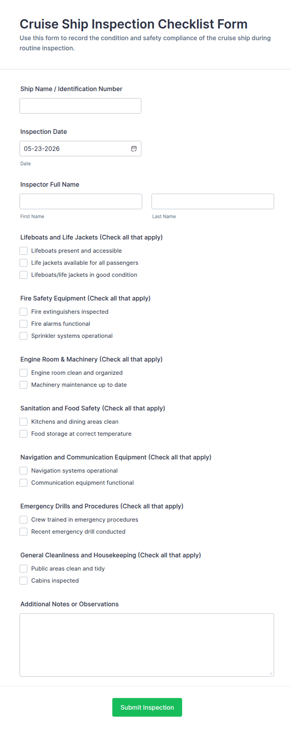 Cruise Ship Inspection Checklist Form Template | Jotform