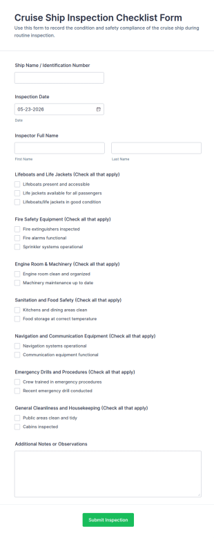 Cruise Ship Inspection Checklist Form Template