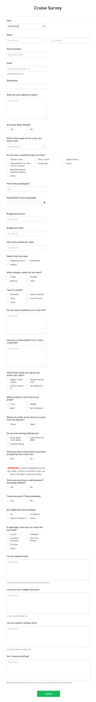 Cruise Survey Form Template