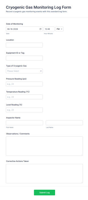 Cryogenic Gas Monitoring Log Form Template