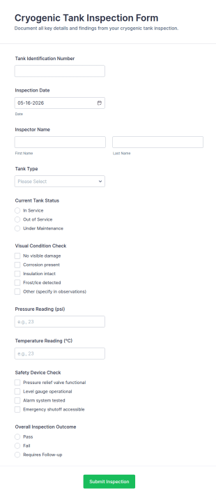 Cryogenic Tank Inspection Form Template
