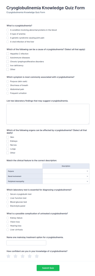 Cryoglobulinemia Knowledge Quiz Form Template