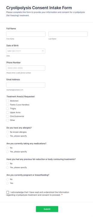 Cryolipolysis Consent Intake Form Template