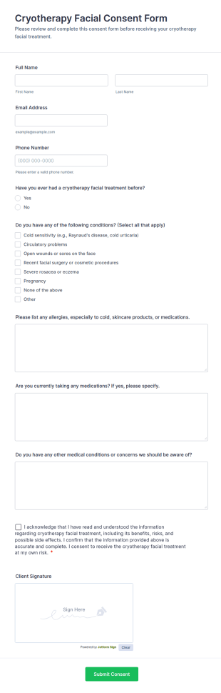 Cryotherapy Facial Consent Form Template