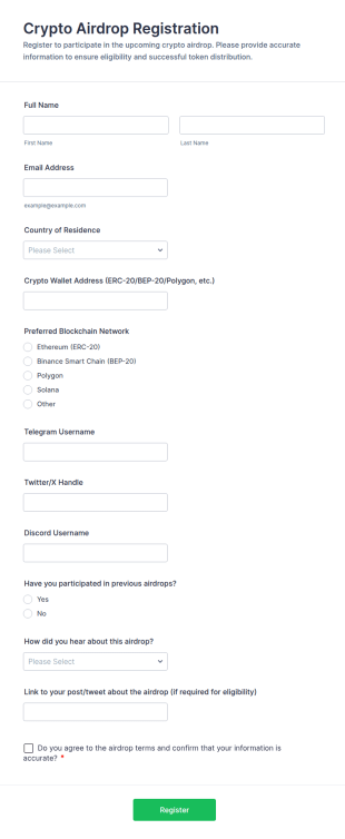 Crypto Airdrop Registration Form Template
