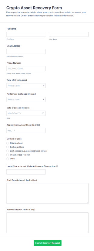 Crypto Asset Recovery Form Template