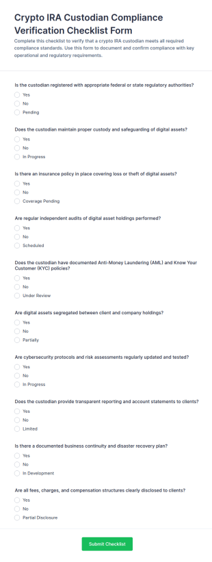 Crypto IRA Custodian Compliance Verification Checklist Form Template