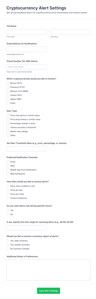 Cryptocurrency Alert Settings Form Template