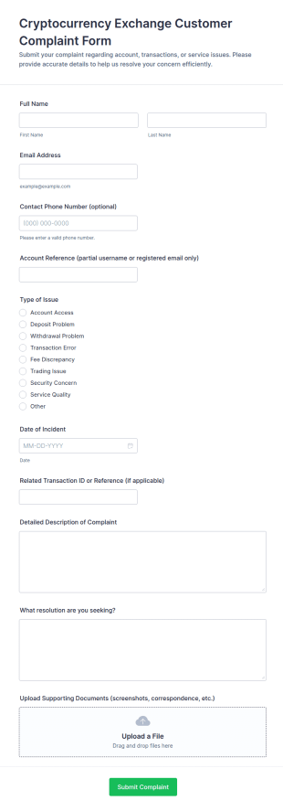 Cryptocurrency Exchange Customer Complaint Form Template