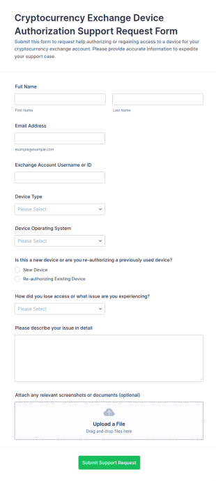 Cryptocurrency Exchange Device Authorization Support Request Form Template