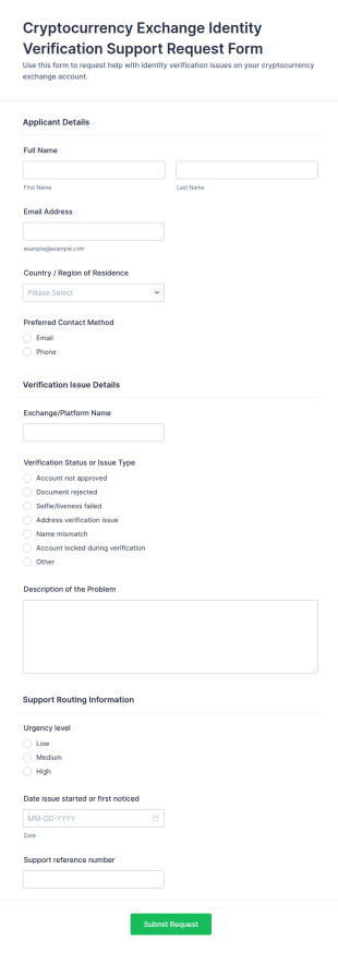 Cryptocurrency Exchange Identity Verification Support Request Form Template