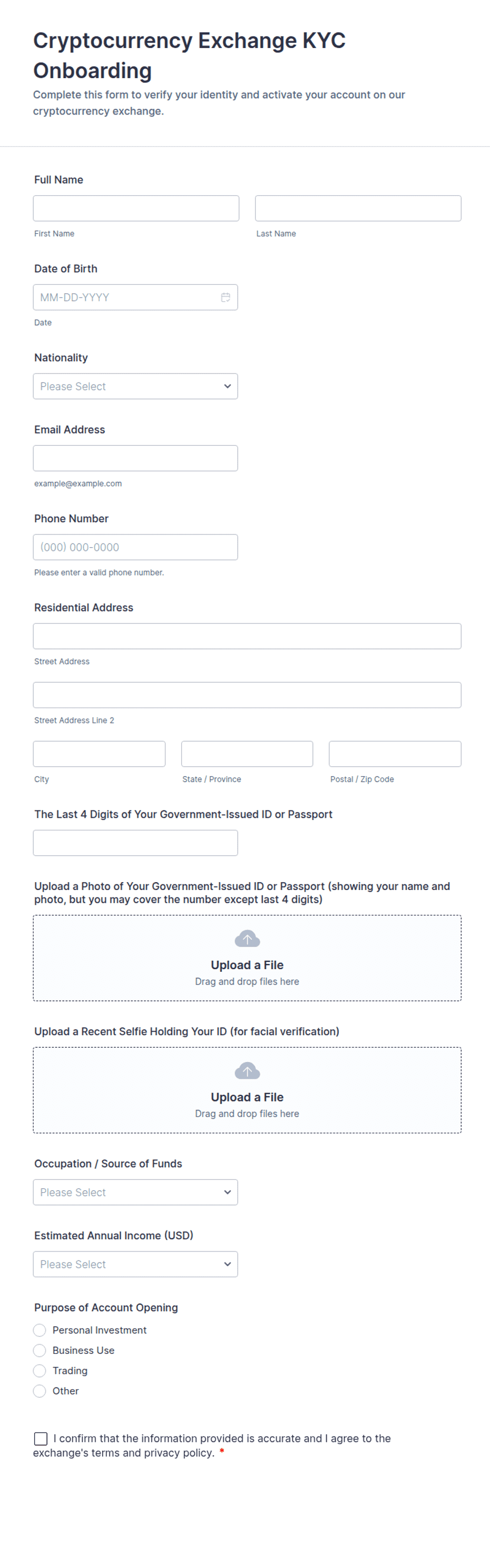 Cryptocurrency Exchange KYC Onboarding Form Template | Jotform