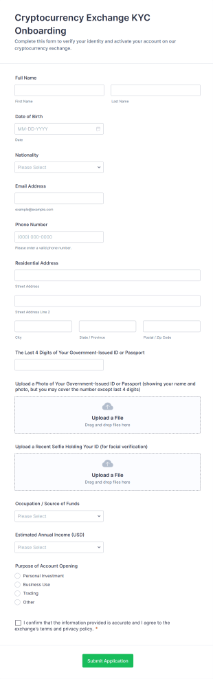 Cryptocurrency Exchange KYC Onboarding Form Template