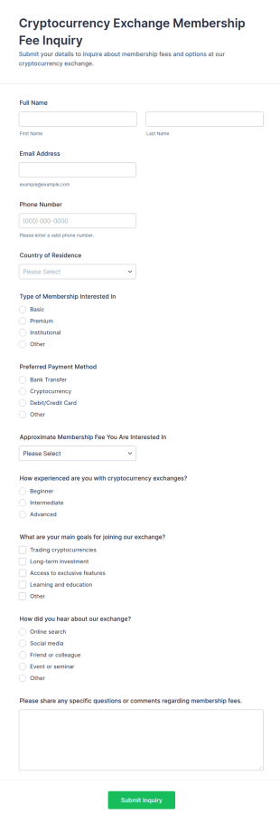 Cryptocurrency Exchange Membership Fee Inquiry Form Template