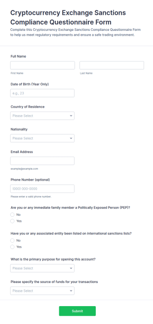 Cryptocurrency Exchange Sanctions Compliance Questionnaire Form Template