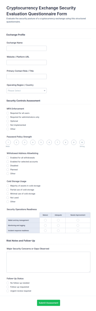 Cryptocurrency Exchange Security Evaluation Questionnaire Form Template