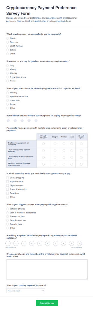 Cryptocurrency Payment Preference Survey Form Template