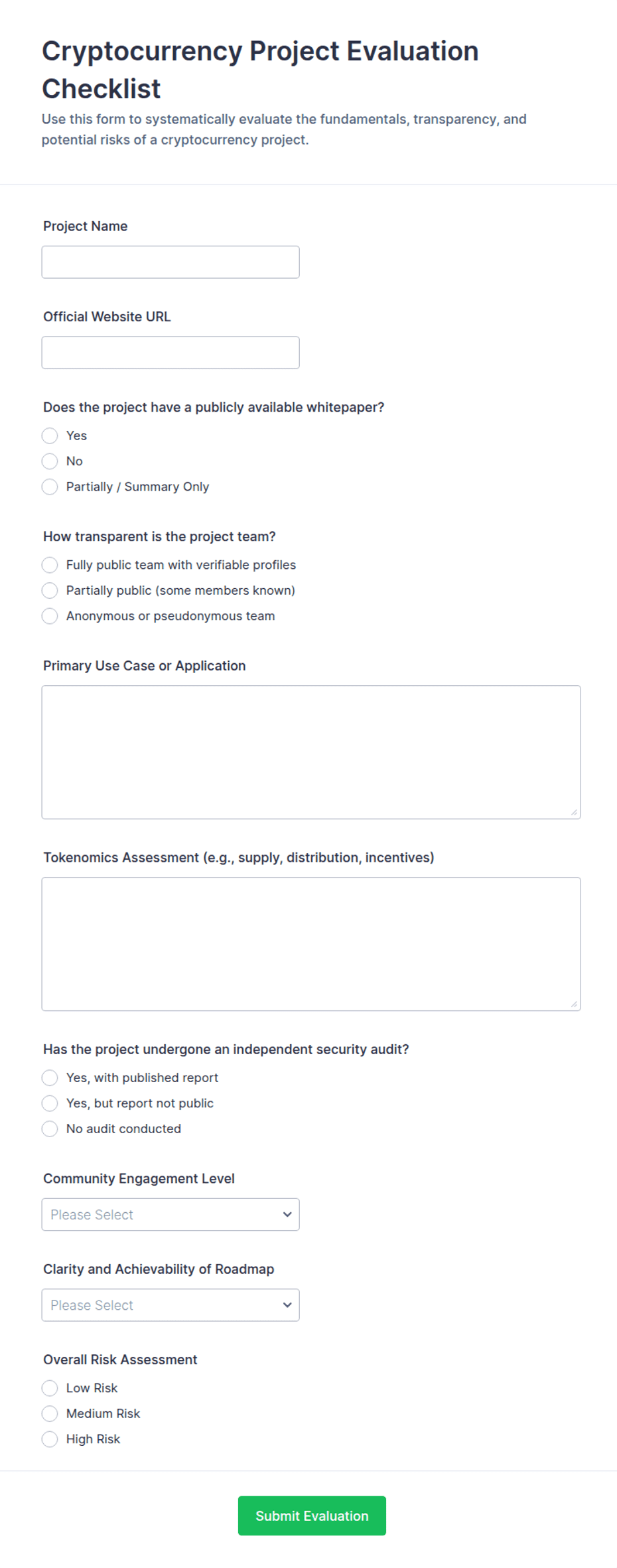 Cryptocurrency Project Evaluation Checklist Form Template | Jotform