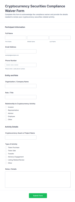 Cryptocurrency Securities Compliance Waiver Form Template