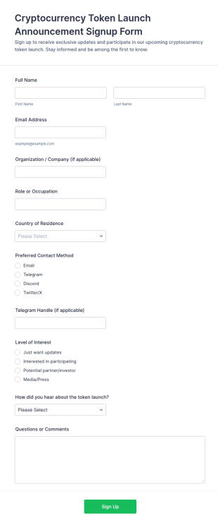 Cryptocurrency Token Launch Announcement Signup Form Template