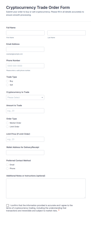 Cryptocurrency Trade Order Form Template