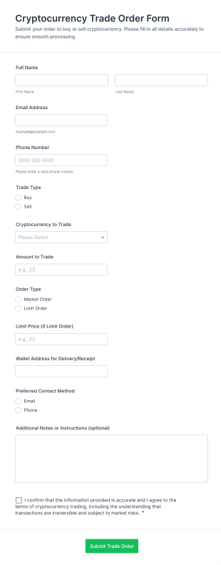 Cryptocurrency Trade Order Form Template