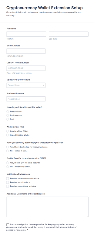 Cryptocurrency Wallet Extension Setup Form Template