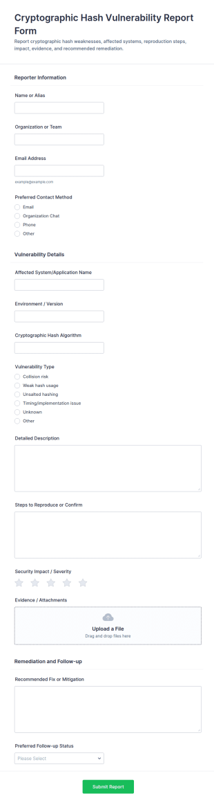 Cryptographic Hash Vulnerability Report Form Template