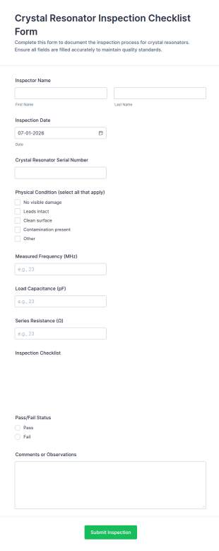 Crystal Resonator Inspection Checklist Form Template