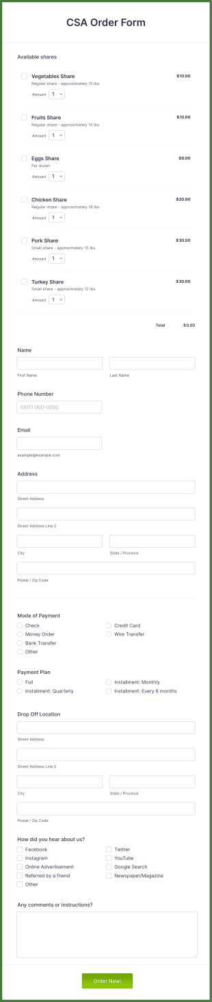 CSA Order Form Template