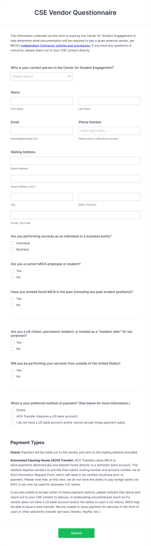 CSE Vendor Questionnaire Form Template