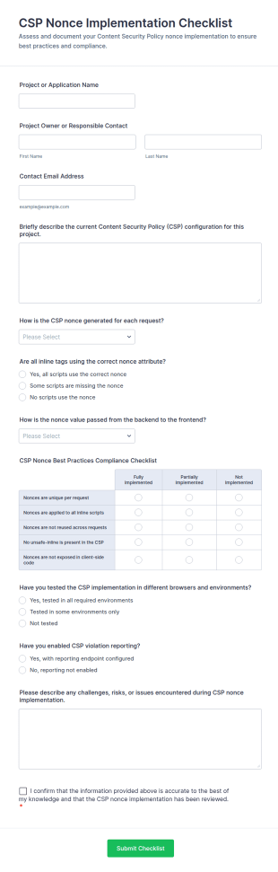 CSP Nonce Implementation Checklist Form Template