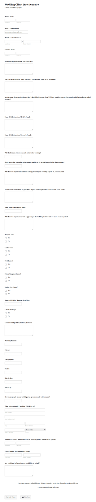 CSP Wedding Client Questionnaire Form Template
