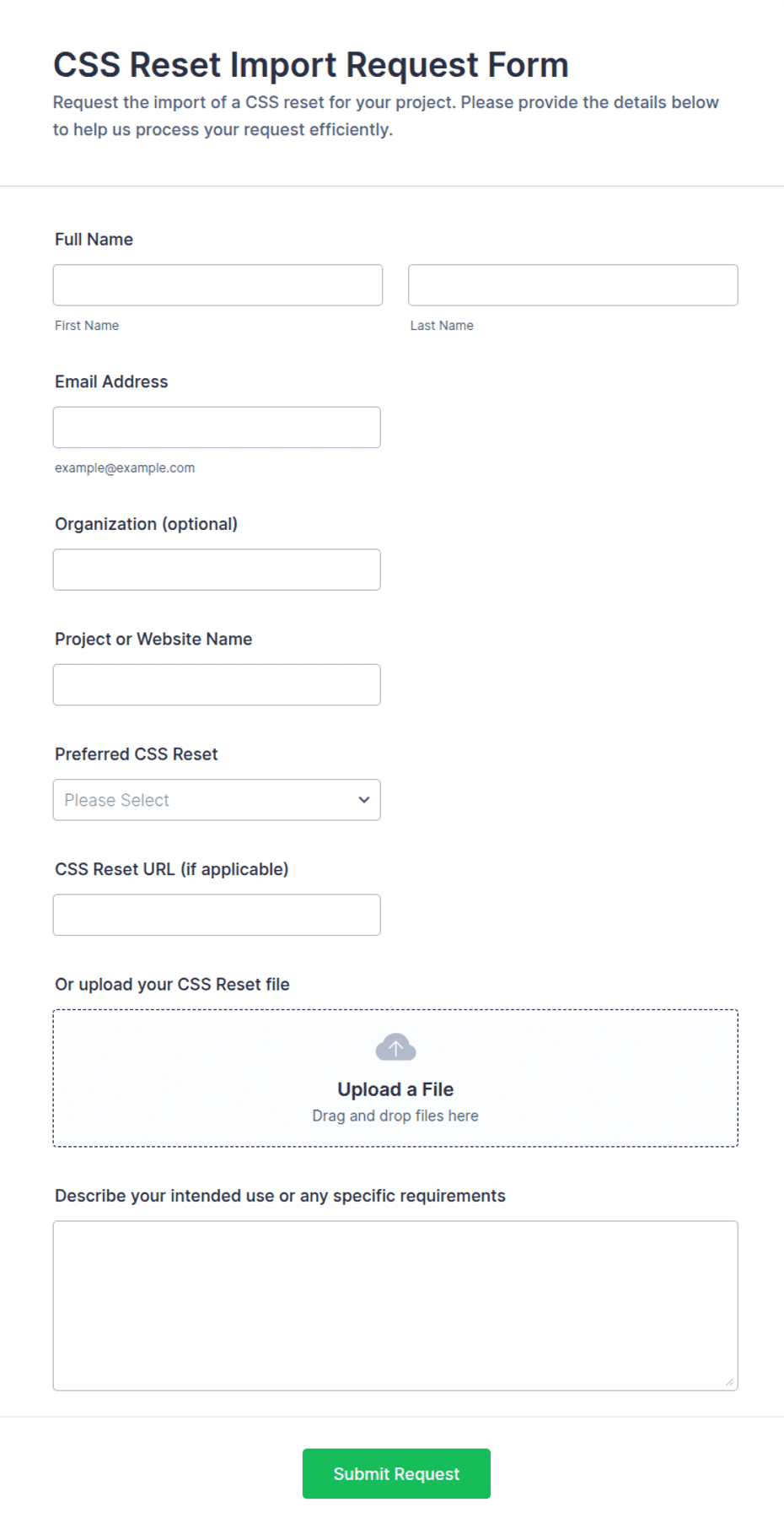 CSS Reset Import Request Form Template | Jotform