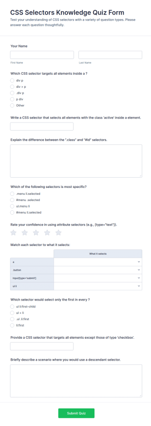 CSS Selectors Knowledge Quiz Form Template