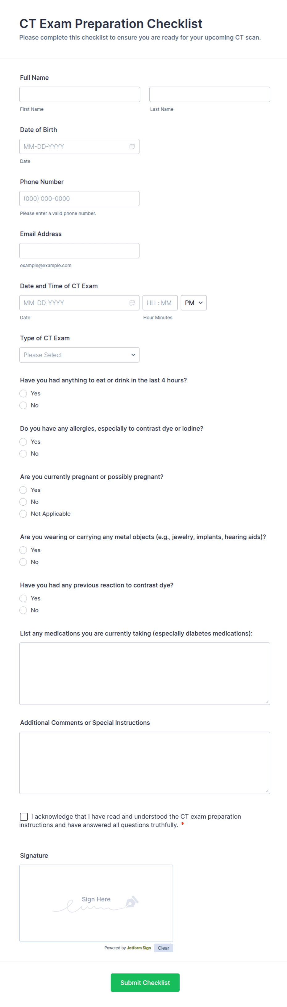 CT Exam Preparation Checklist Form Template | Jotform