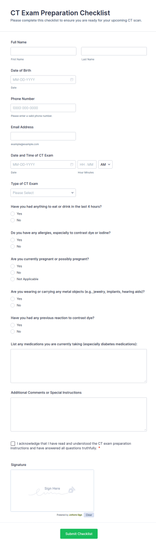CT Exam Preparation Checklist Form Template