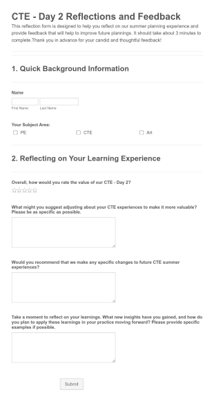 CTE Day 2 Reflections And Feedback Form Template