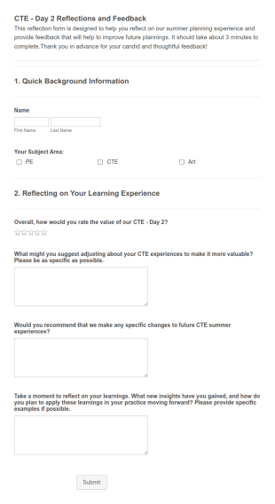 CTE Day 2 Reflections And Feedback Form Template