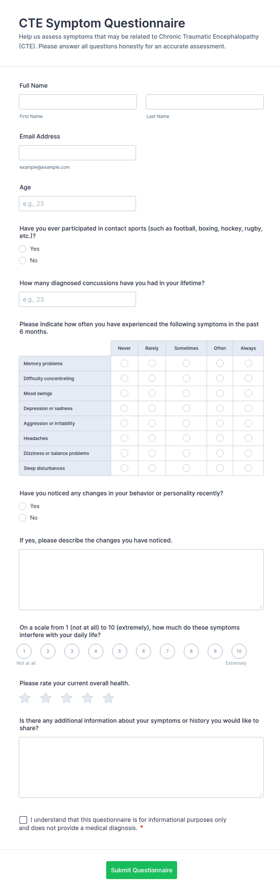 CTE Symptom Questionnaire Form Template | Jotform