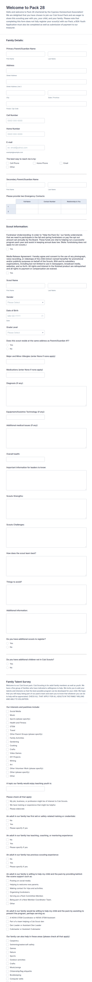 Cub Scout Registration Form Template