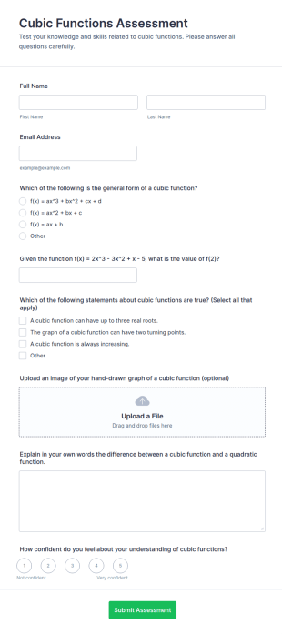 Cubic Functions Assessment Form Template
